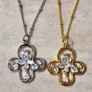 $18 for 2necklaces Big clover charm necklaces with cubics in gold and silver 18"